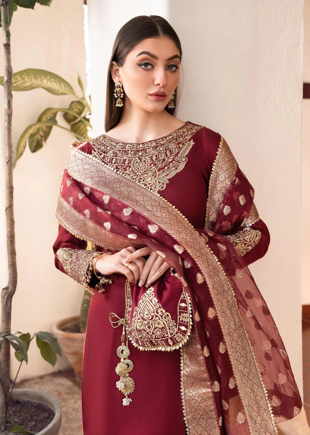 Shireen | Red Khaddi Silk Embroidered Suit