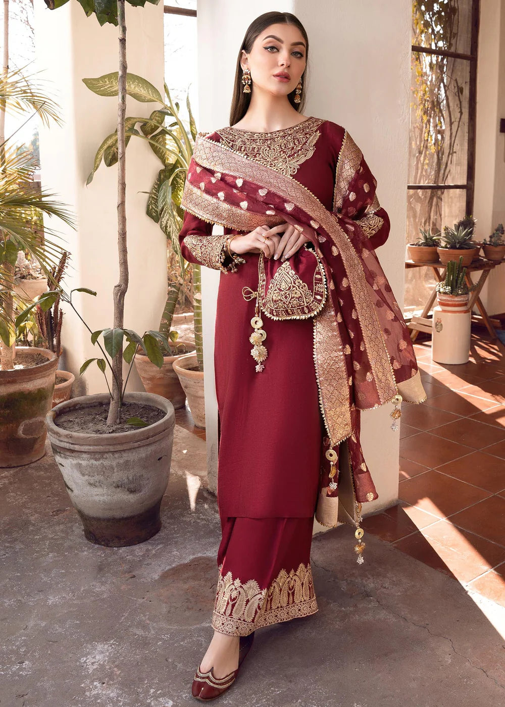 Shireen | Red Khaddi Silk Embroidered Suit