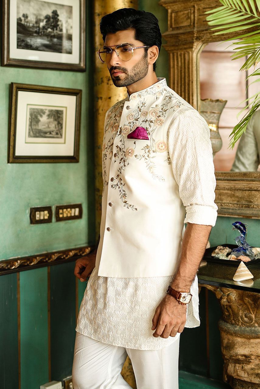 Luxury White Embroidered Chiffon Kurta Pajama Set