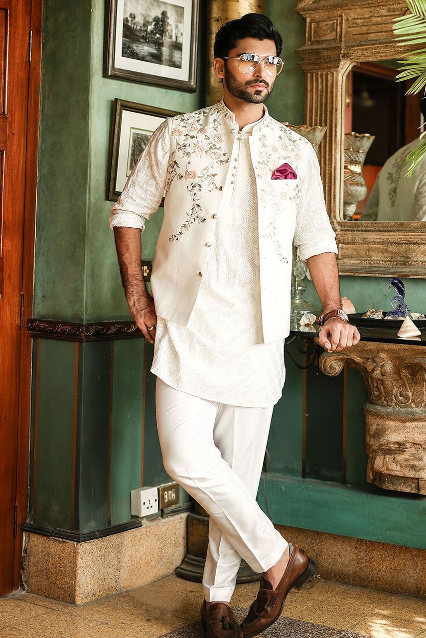 Luxury White Embroidered Chiffon Kurta Pajama Set