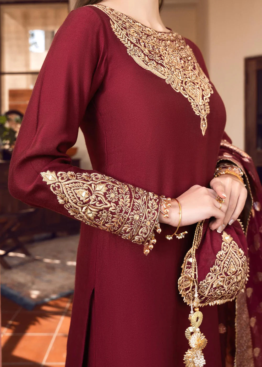 Shireen | Red Khaddi Silk Embroidered Suit