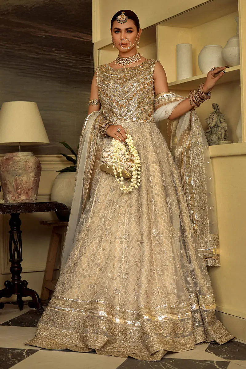 Sukhan | Cream Organza Jamawar Embellished Pishwas