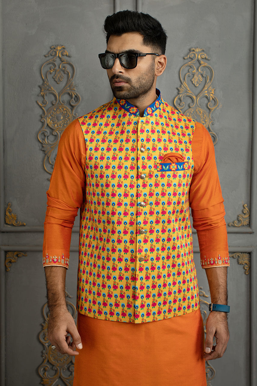 Luxury Orange Embroidered Cotton Silk Kurta Pajama Set