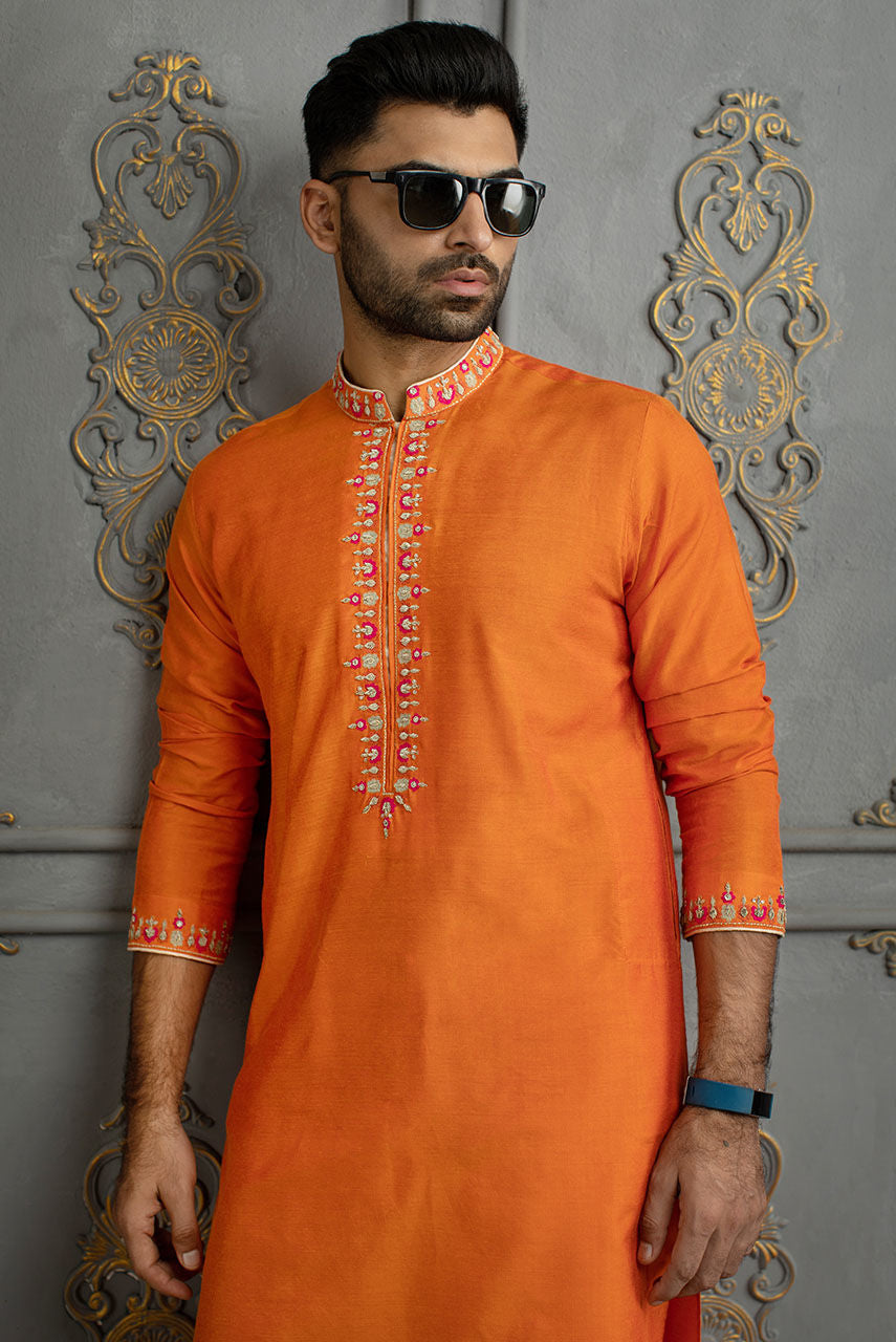 Luxury Orange Embroidered Cotton Silk Kurta Pajama Set
