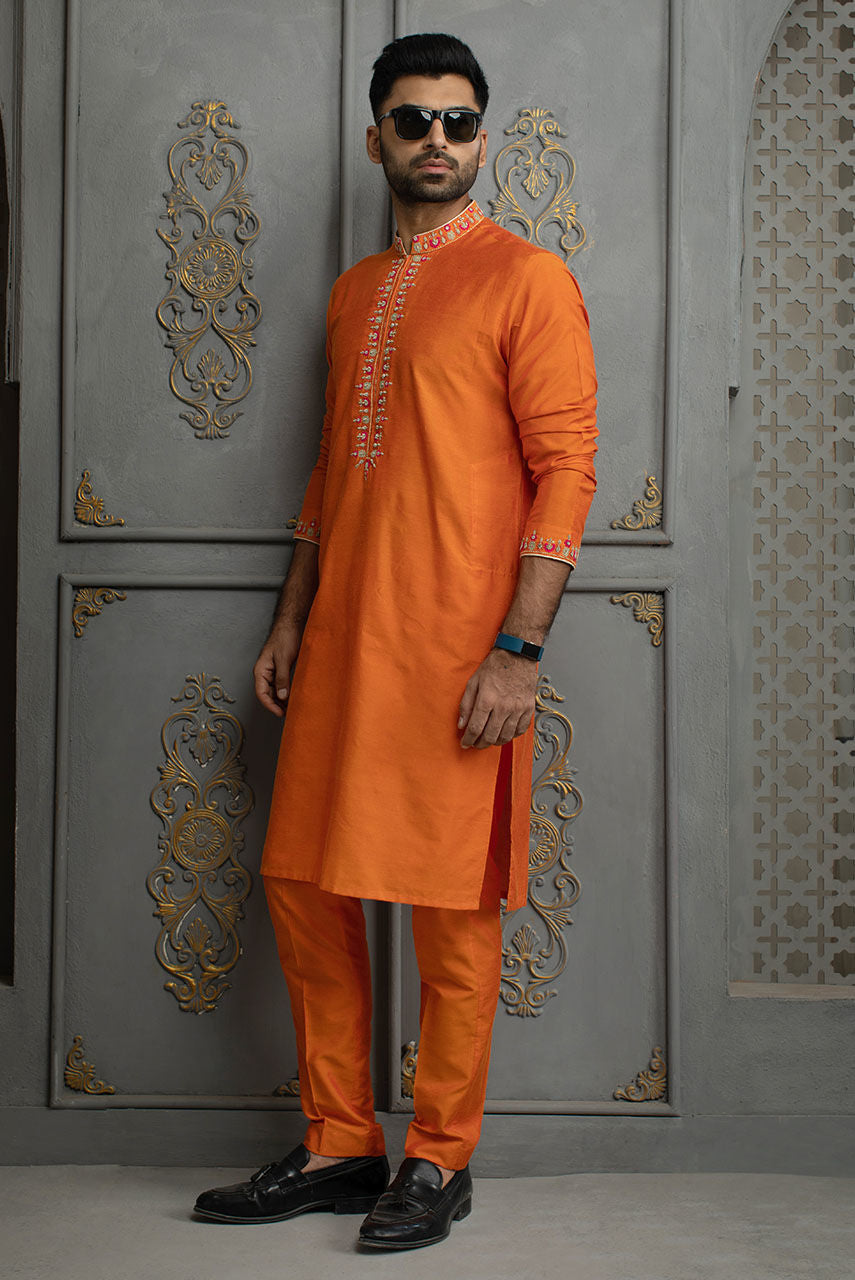 Luxury Orange Embroidered Cotton Silk Kurta Pajama Set
