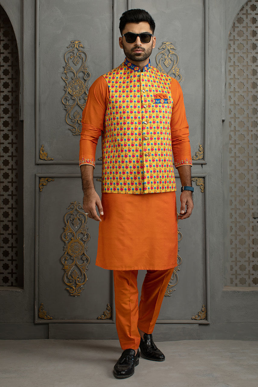 Luxury Orange Embroidered Cotton Silk Kurta Pajama Set