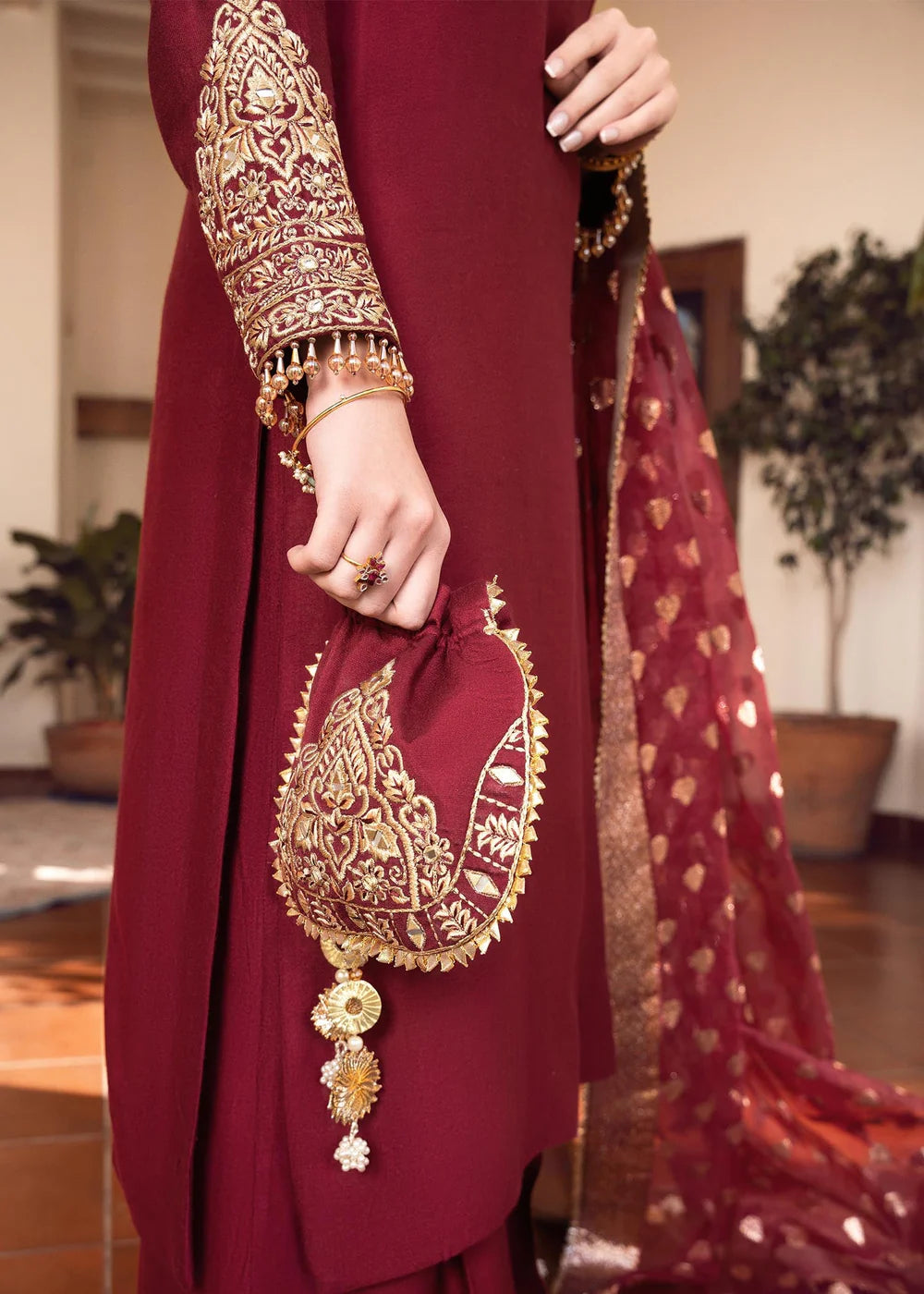 Shireen | Red Khaddi Silk Embroidered Suit