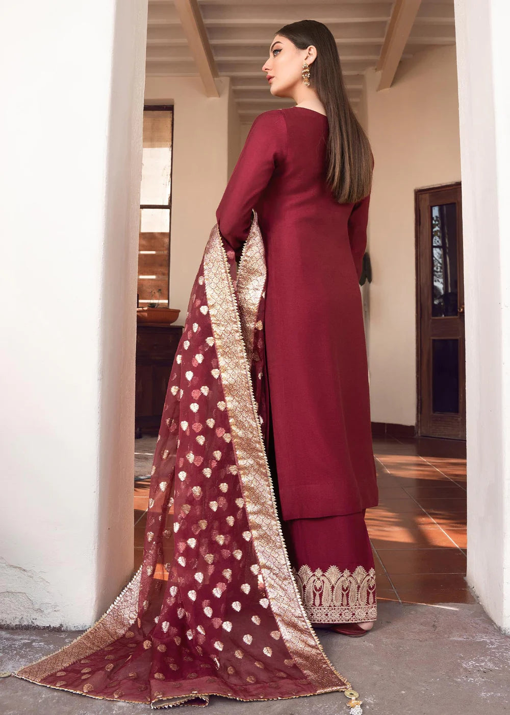 Shireen | Red Khaddi Silk Embroidered Suit