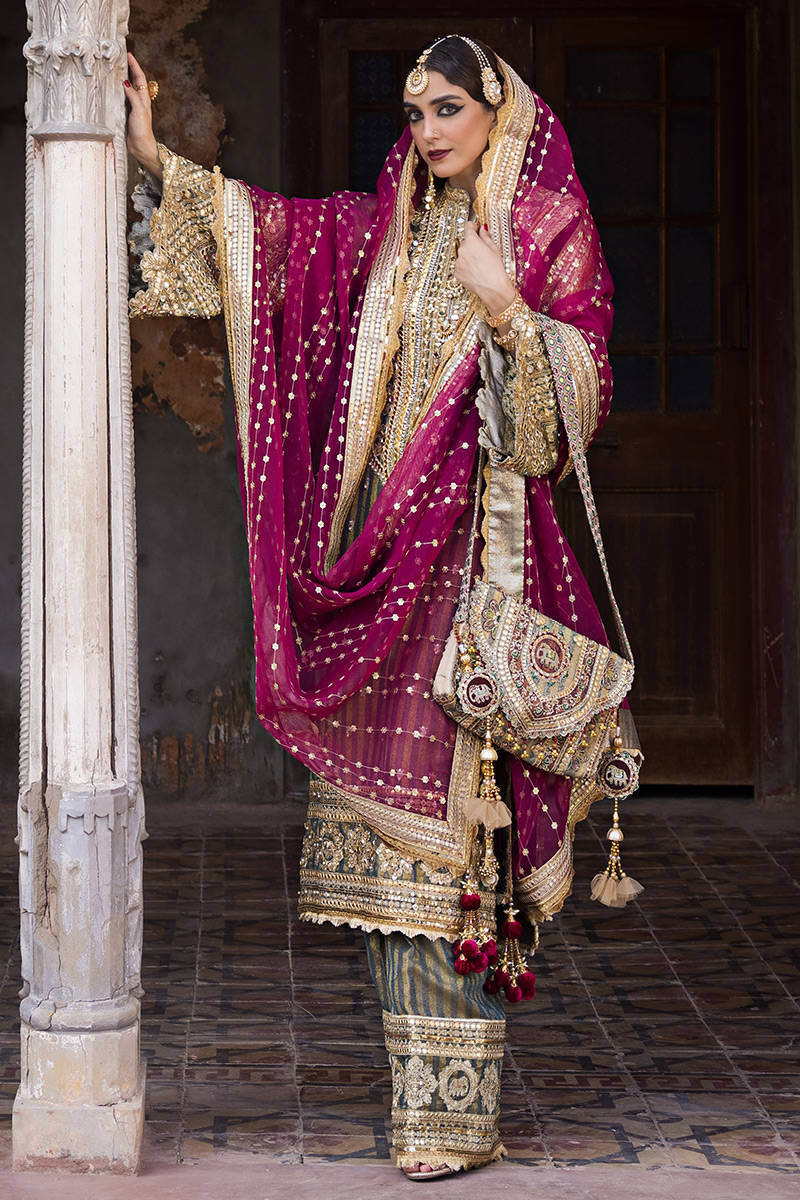 Mohsin Naveed Ranjha | Green Pink Hand Embellished Dress