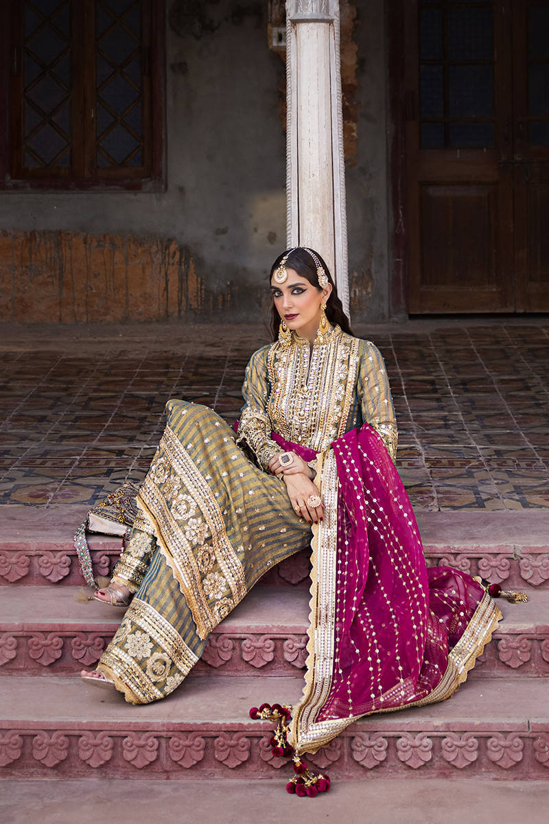 Mohsin Naveed Ranjha | Green Pink Hand Embellished Dress