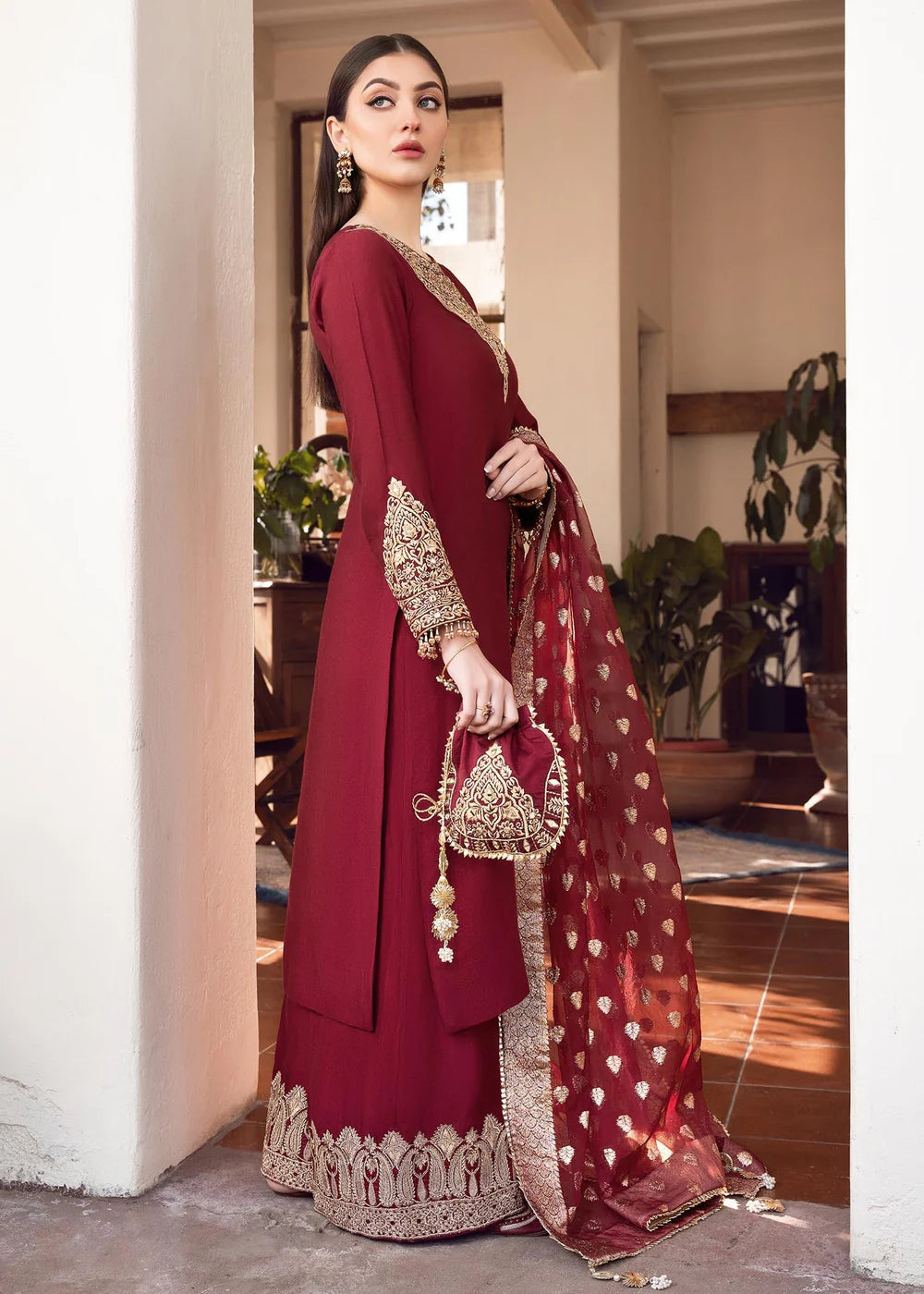 Shireen | Red Khaddi Silk Embroidered Suit