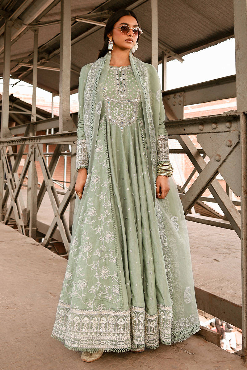 MNR | Sage Green Silk Embroidered Pishwas Chooridar
