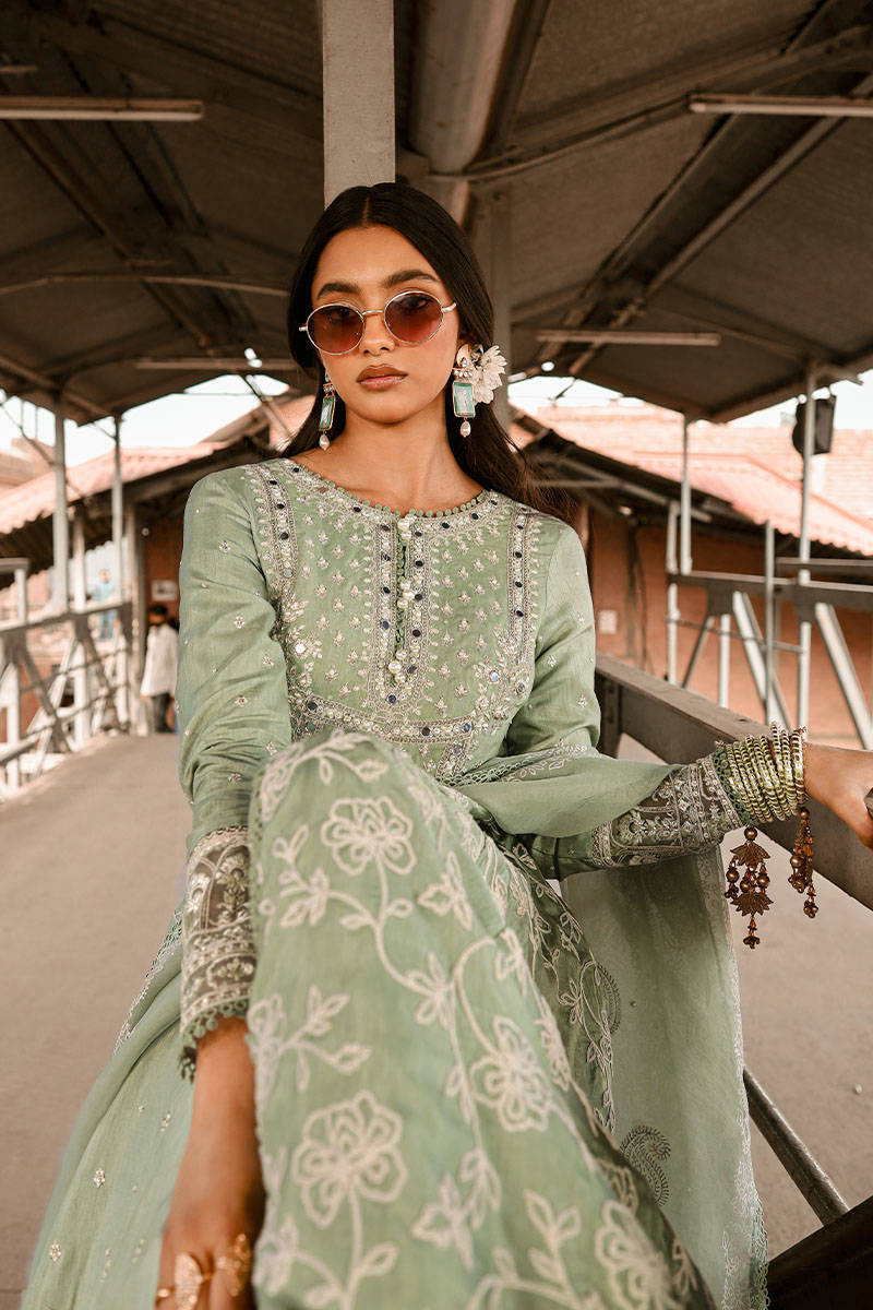 MNR | Sage Green Silk Embroidered Pishwas Chooridar