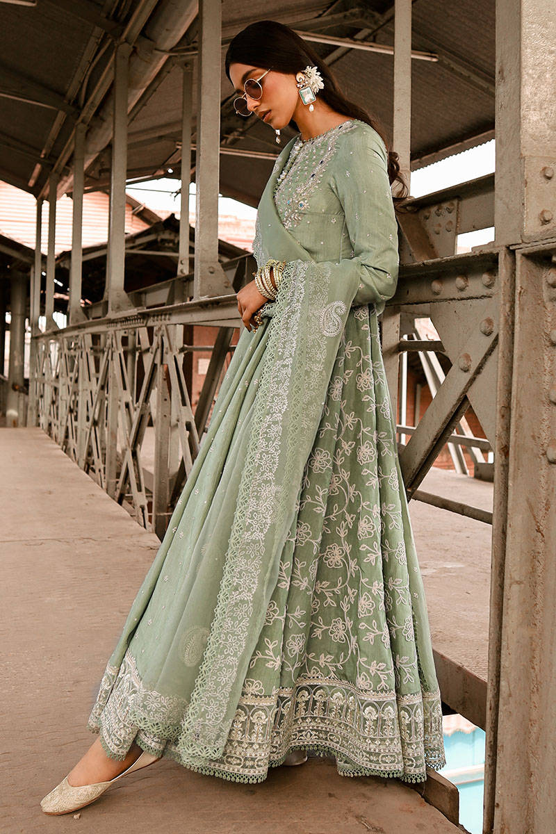 MNR | Sage Green Silk Embroidered Pishwas Chooridar