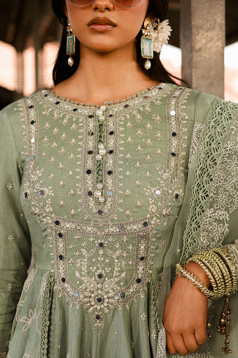 MNR | Sage Green Silk Embroidered Pishwas Chooridar