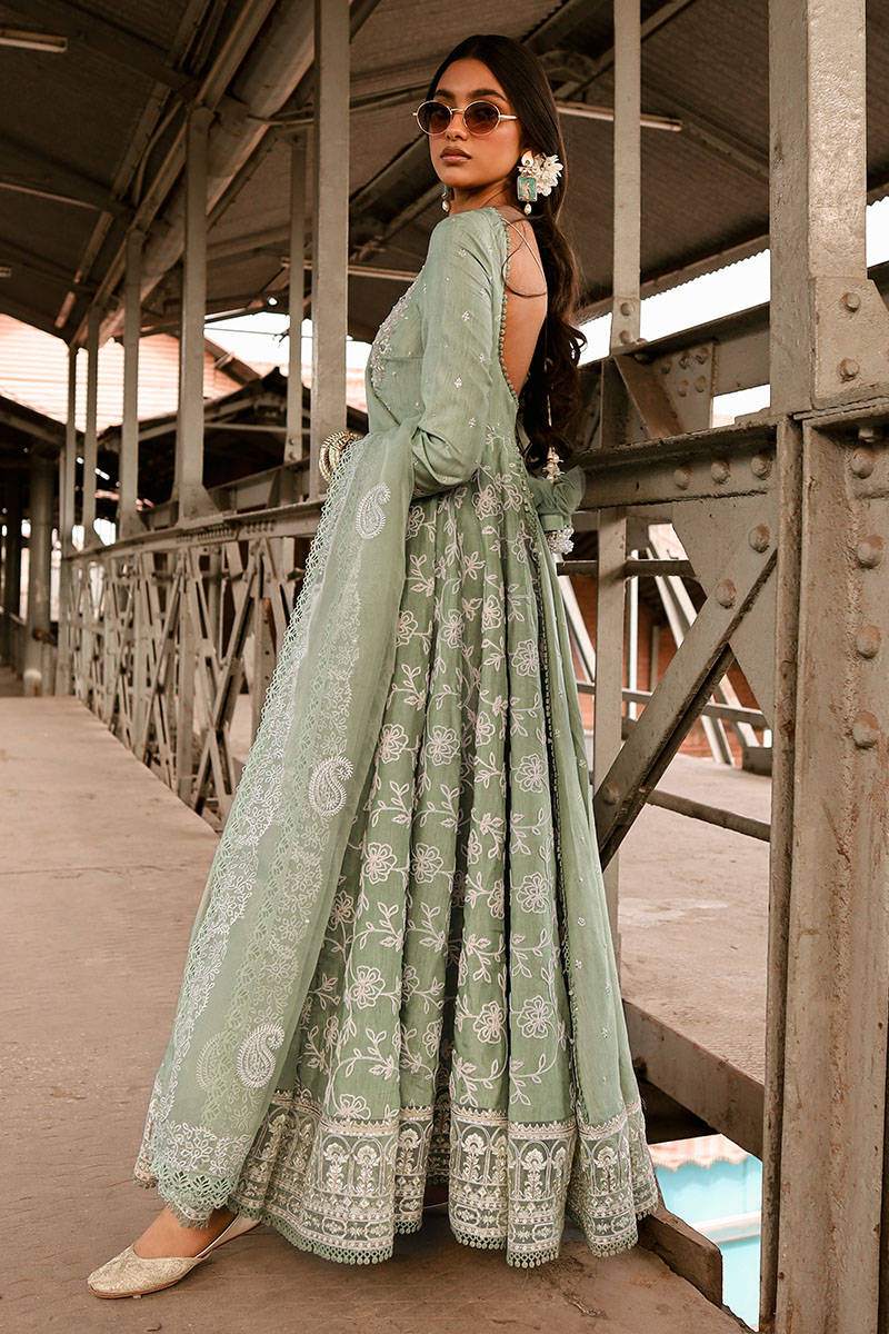MNR | Sage Green Silk Embroidered Pishwas Chooridar