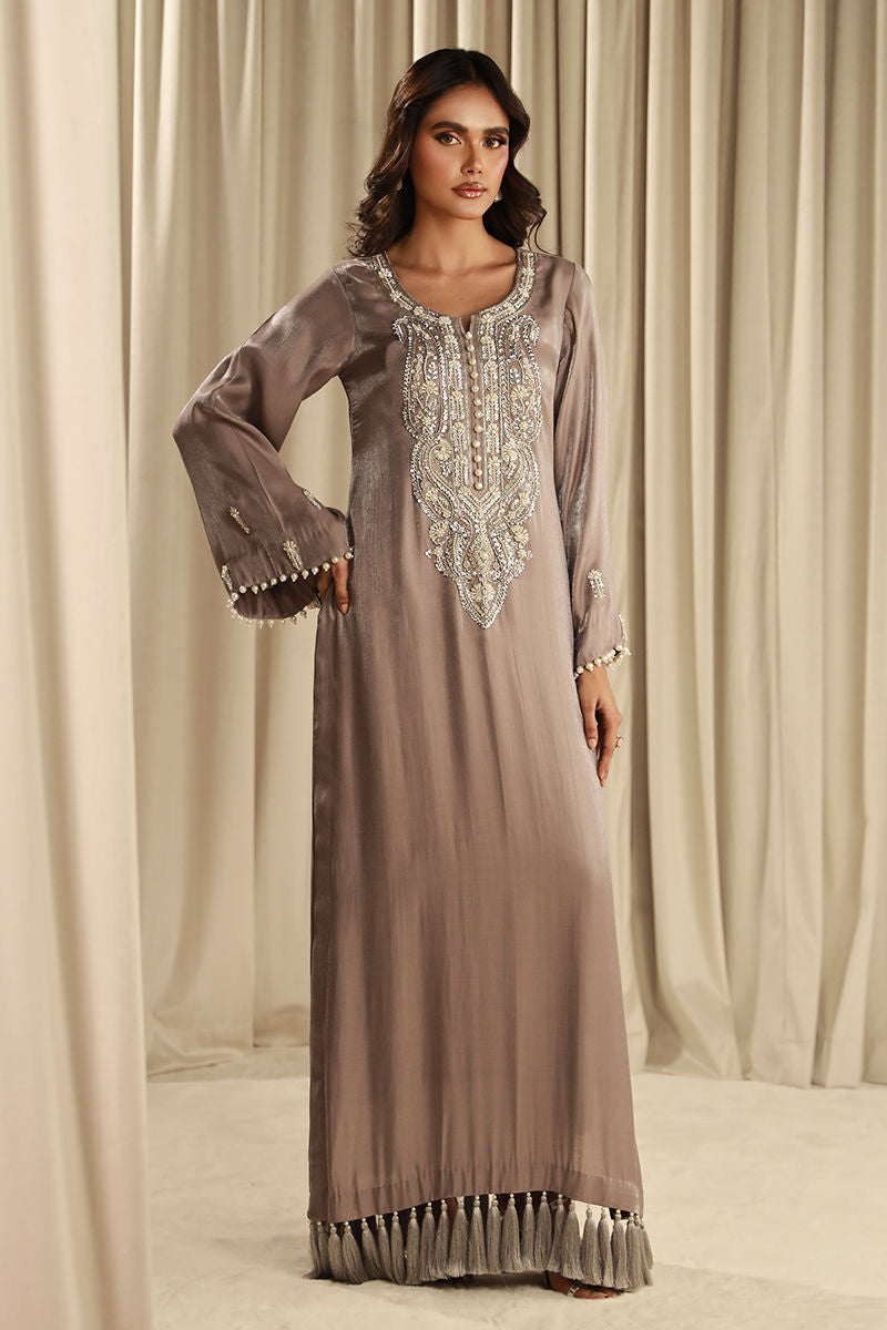 Celestial Pearl | Grey Silk Embellished Kaftan