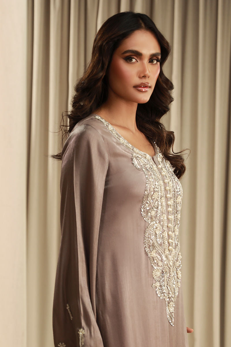Celestial Pearl | Grey Silk Embellished Kaftan