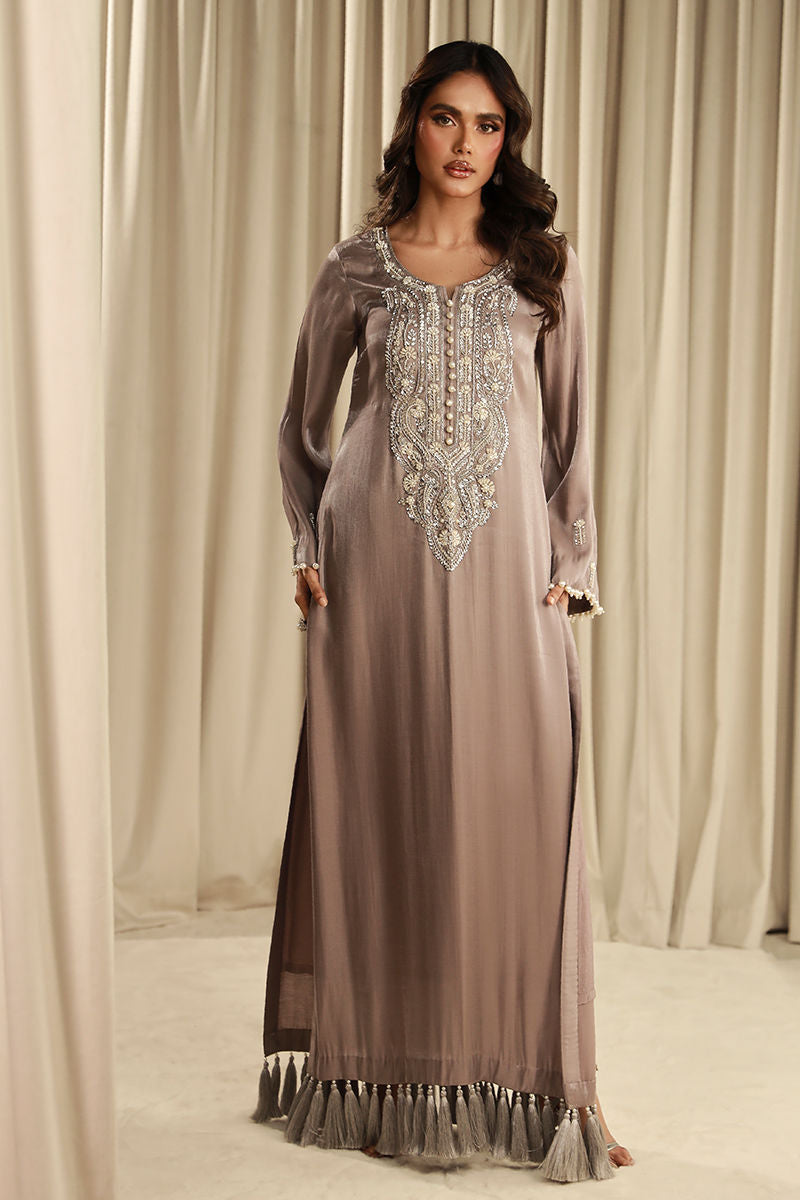 Celestial Pearl | Grey Silk Embellished Kaftan