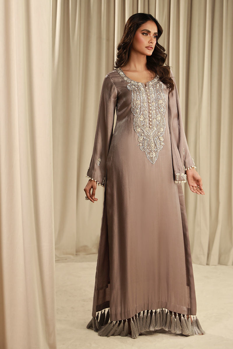 Celestial Pearl | Grey Silk Embellished Kaftan