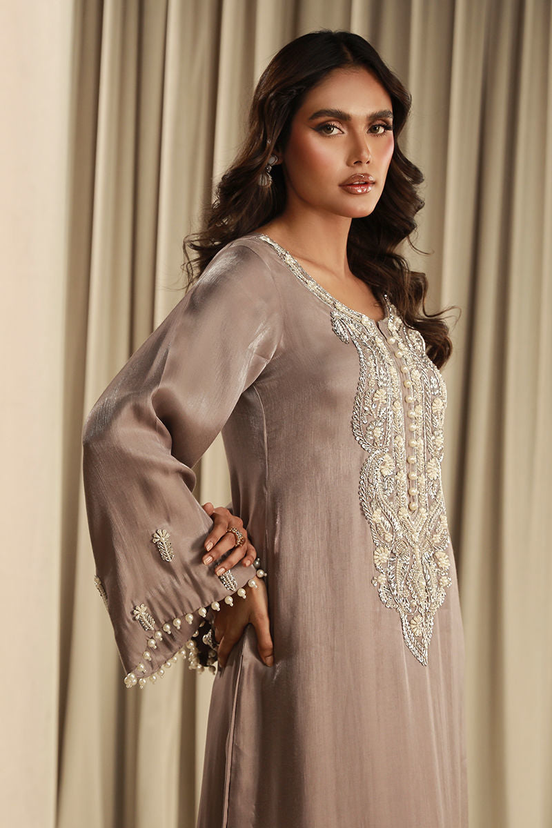 Celestial Pearl | Grey Silk Embellished Kaftan