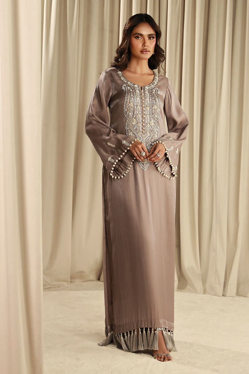 Celestial Pearl | Grey Silk Embellished Kaftan