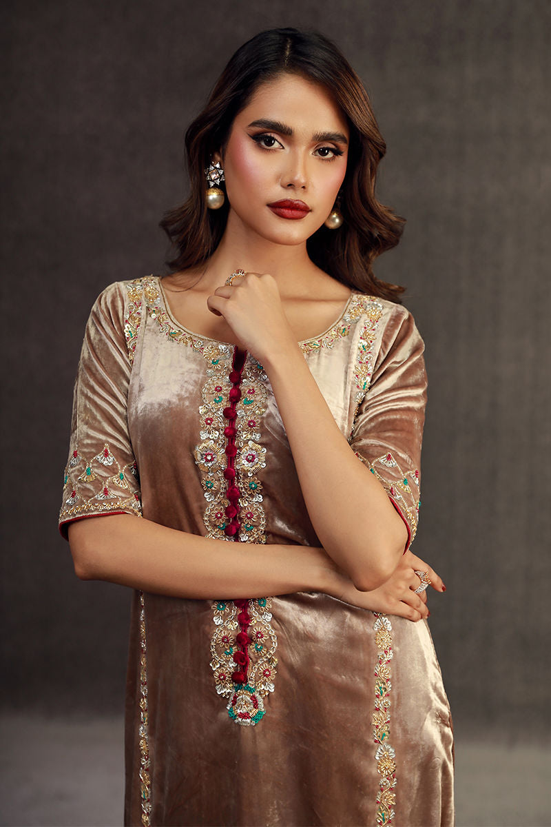 Celestial Pearl | Champaign Velvet Embellished Suit