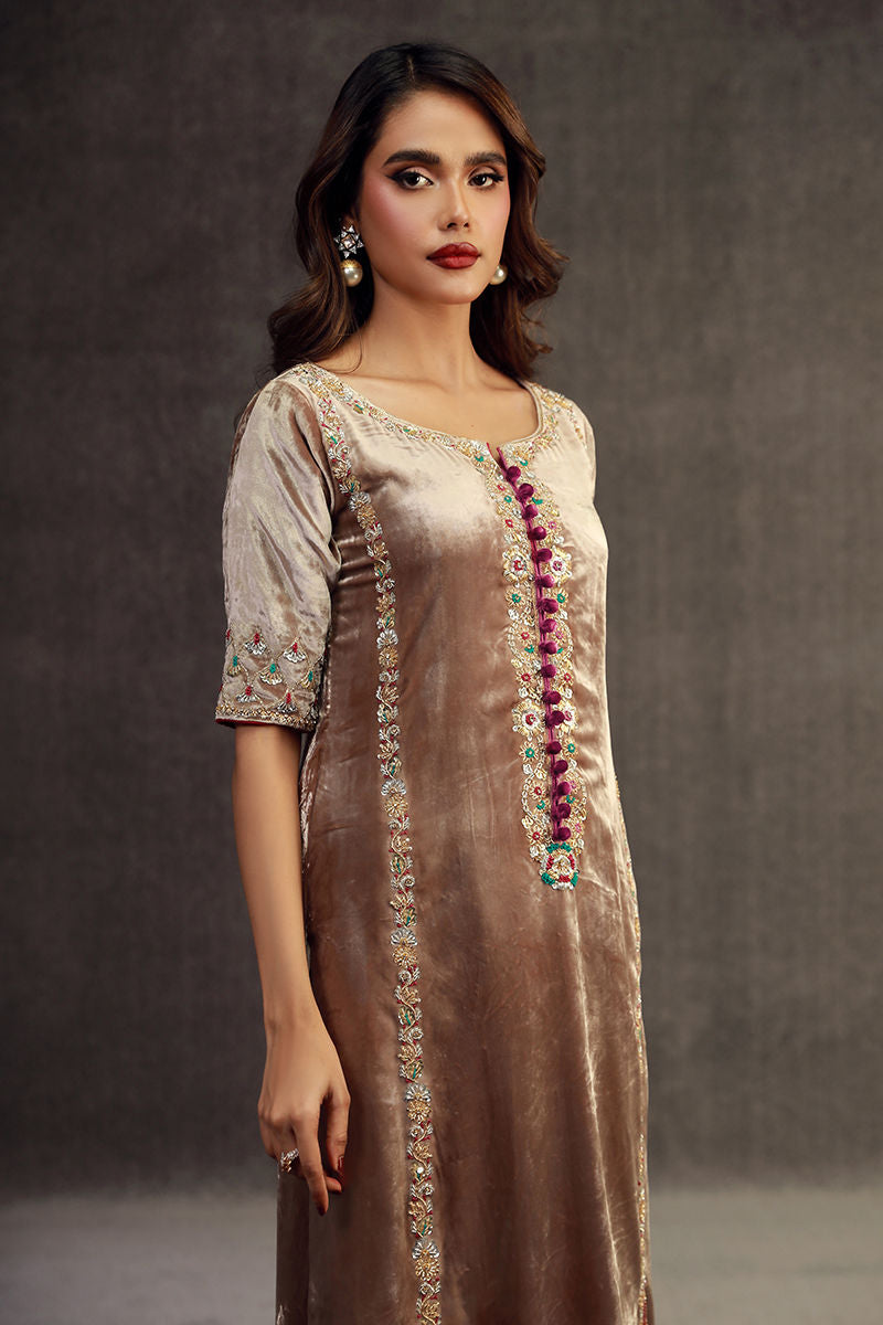 Celestial Pearl | Champaign Velvet Embellished Suit