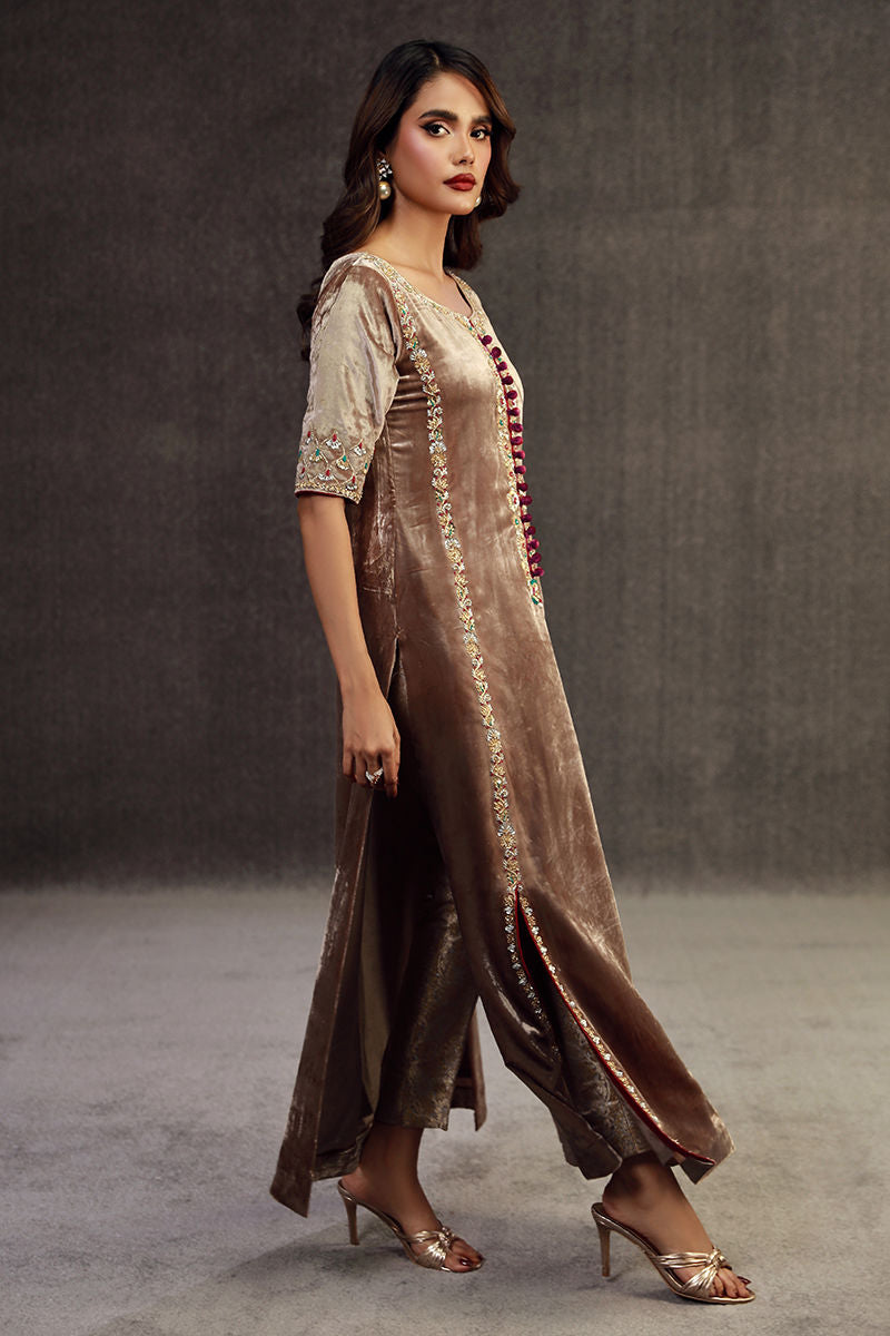 Celestial Pearl | Champaign Velvet Embellished Suit