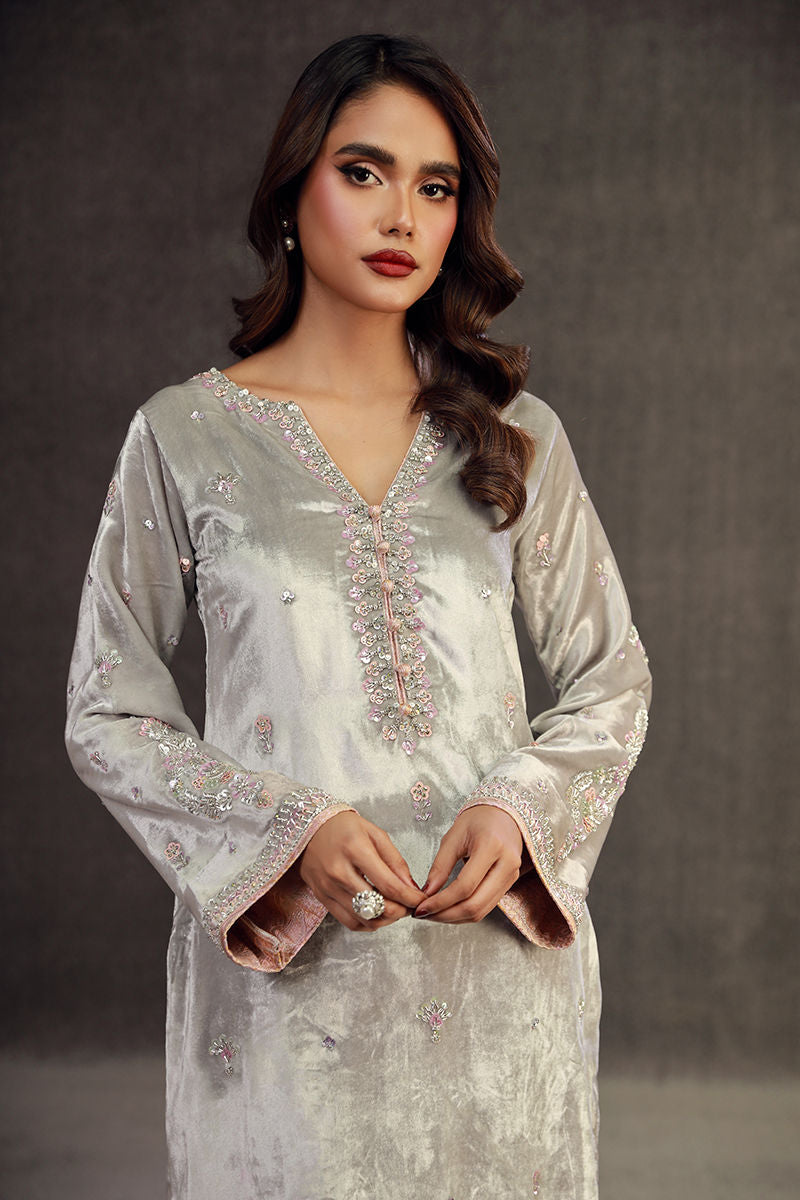 JIBA | Silver Grey Velvet Embellished Suit