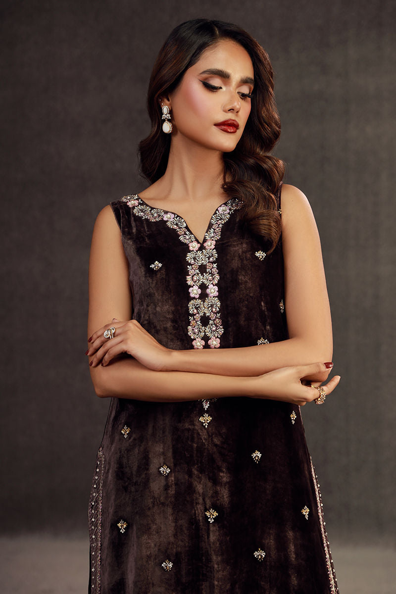 ILHAM | Chocolate Brown Velvet Embellished Suit