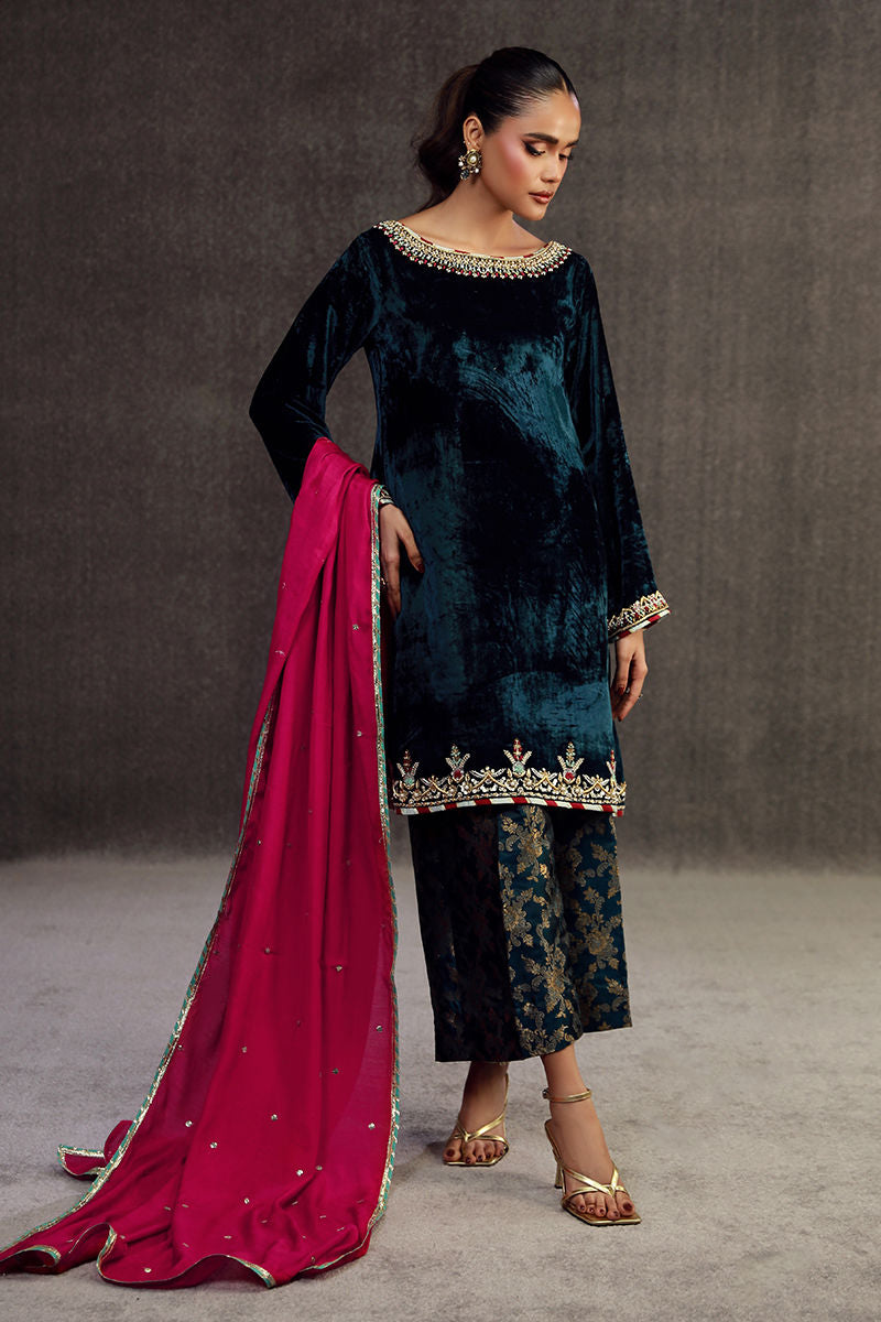 MIRWA | Teal Blue Velvet Embellished Suit