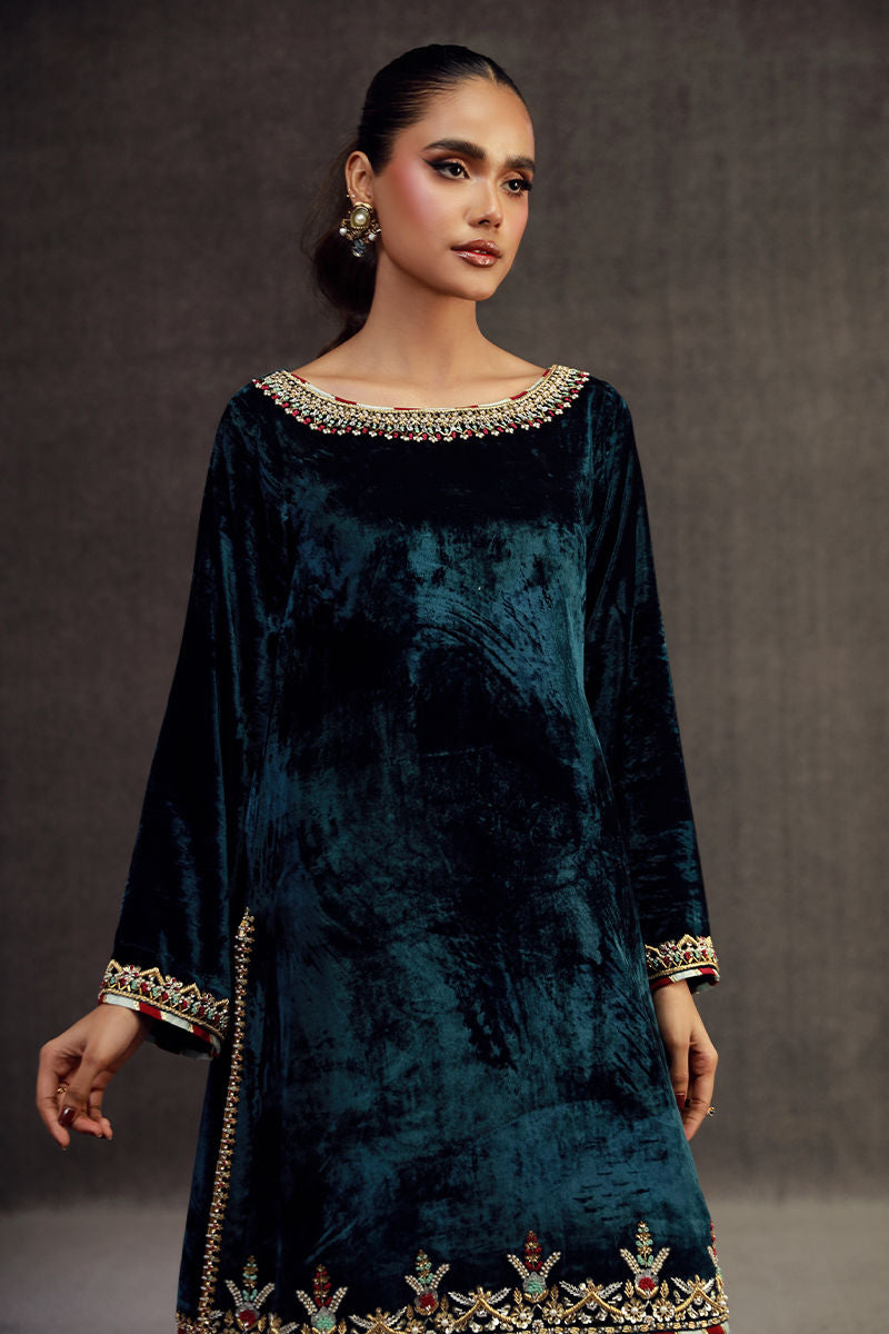 MIRWA | Teal Blue Velvet Embellished Suit