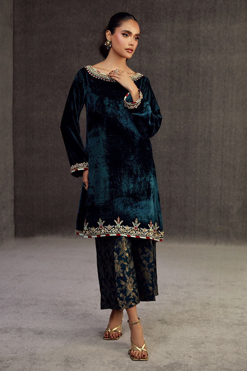 MIRWA | Teal Blue Velvet Embellished Suit