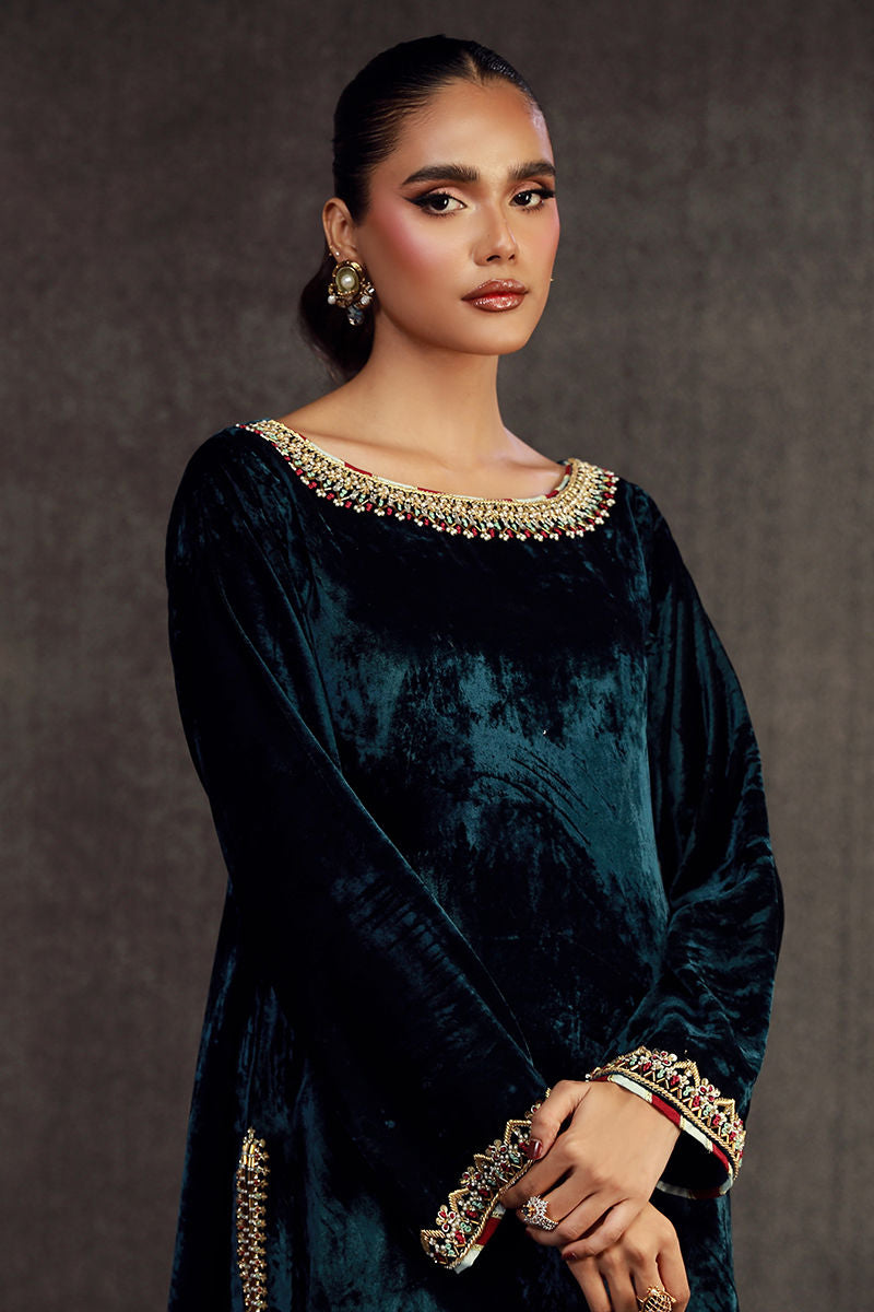 MIRWA | Teal Blue Velvet Embellished Suit