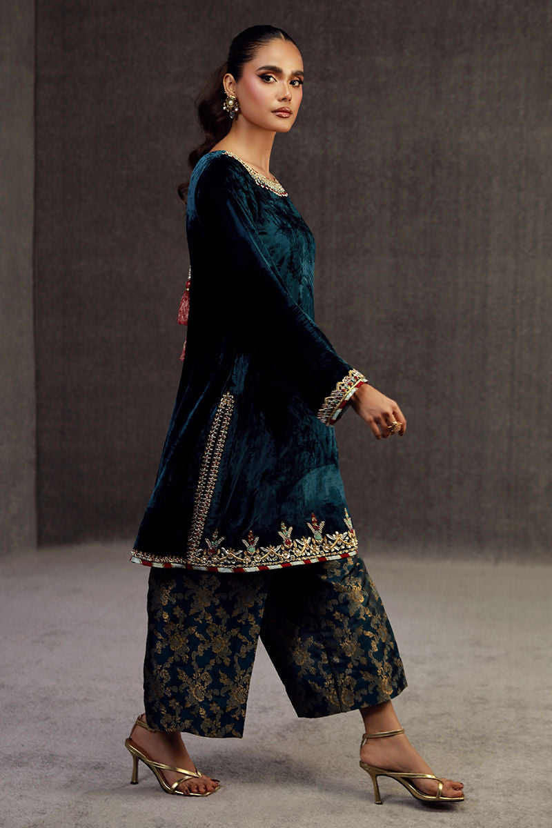 MIRWA | Teal Blue Velvet Embellished Suit