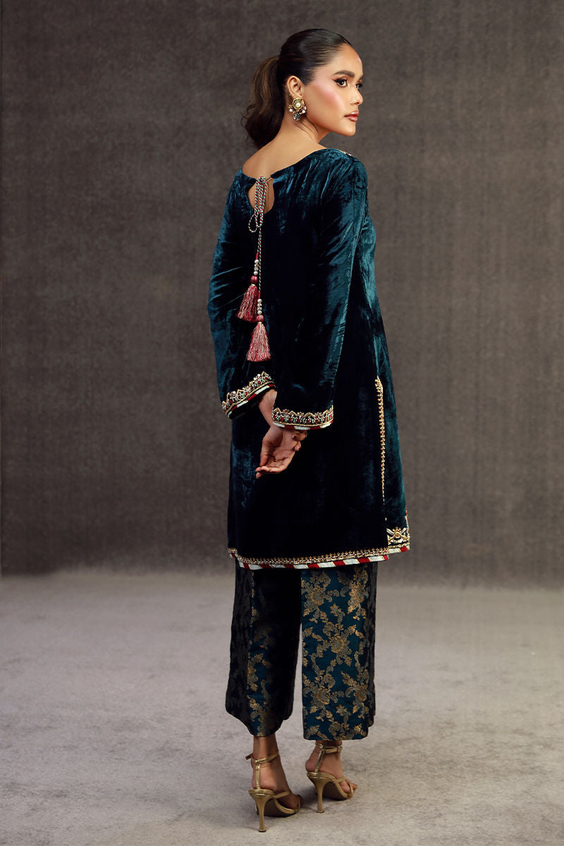 MIRWA | Teal Blue Velvet Embellished Suit