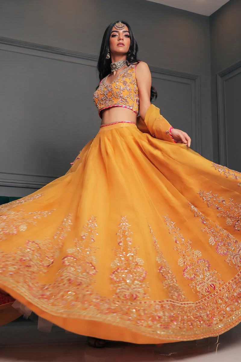 Sanni | Mustrard Pure Organza Hand Embellished Lehenga