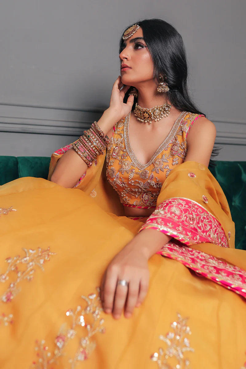 Sanni | Mustrard Pure Organza Hand Embellished Lehenga