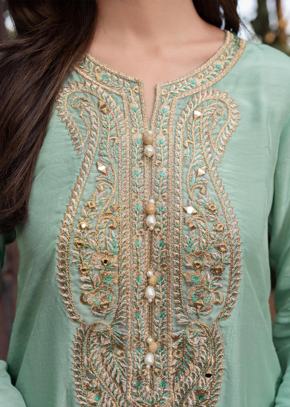 Zareen | Mint Green Khaddi Silk Embroidered Suit