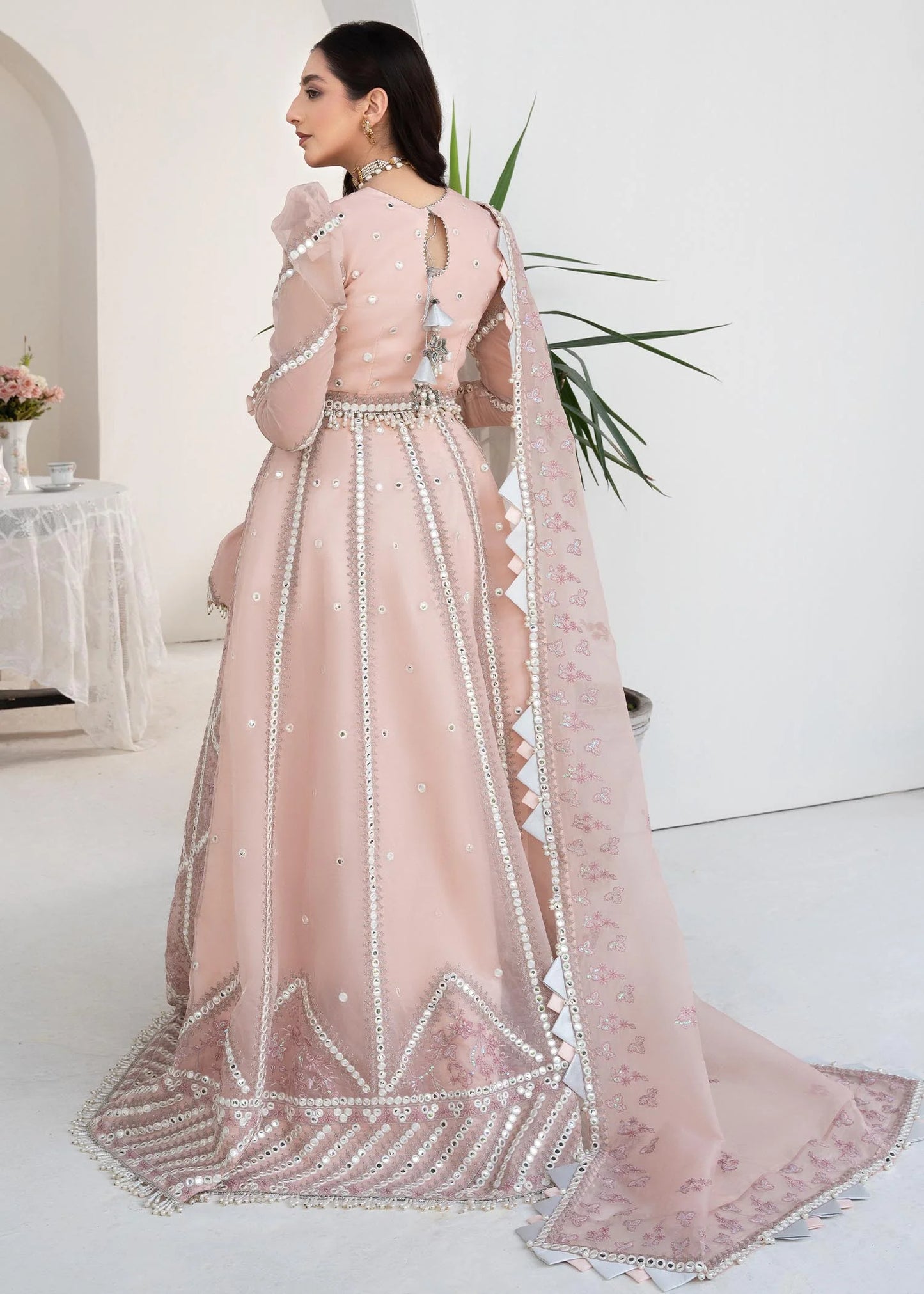 Pink Rosette | Embroidered Mirror Work Lehenga