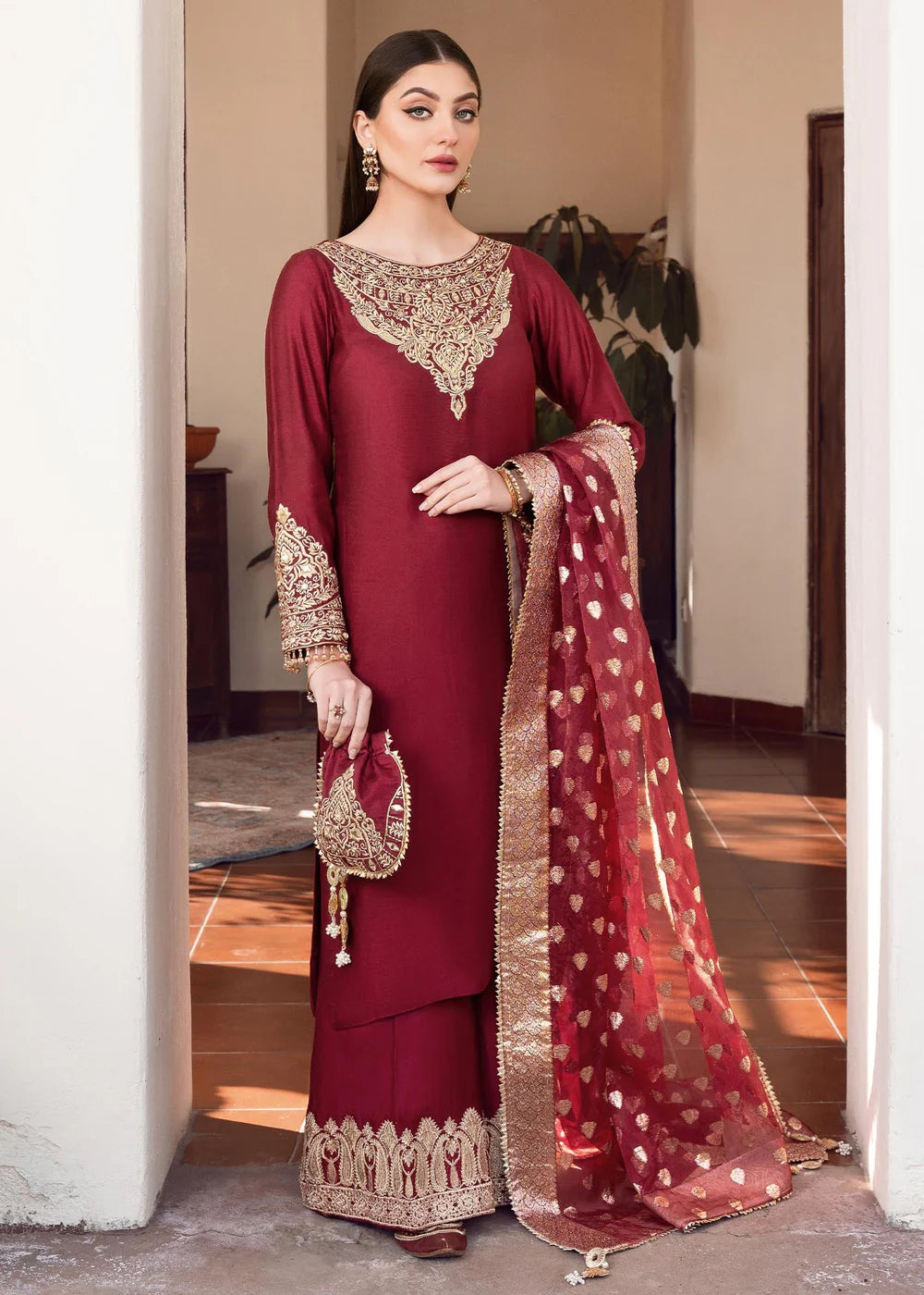 Shireen | Red Khaddi Silk Embroidered Suit