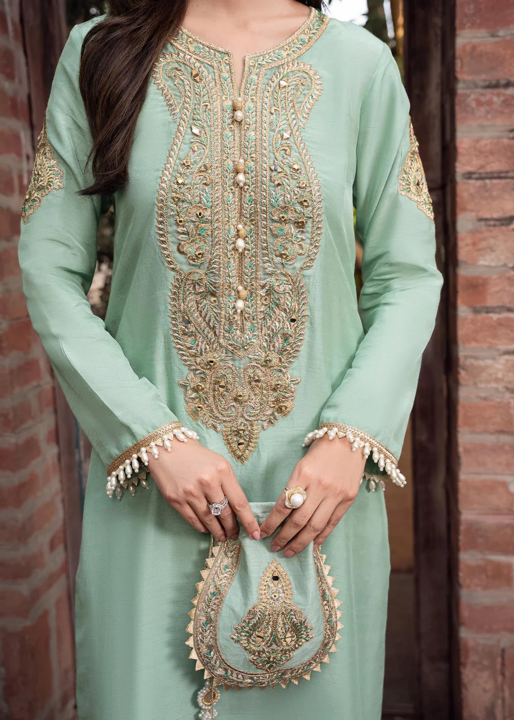 Zareen | Mint Green Khaddi Silk Embroidered Suit