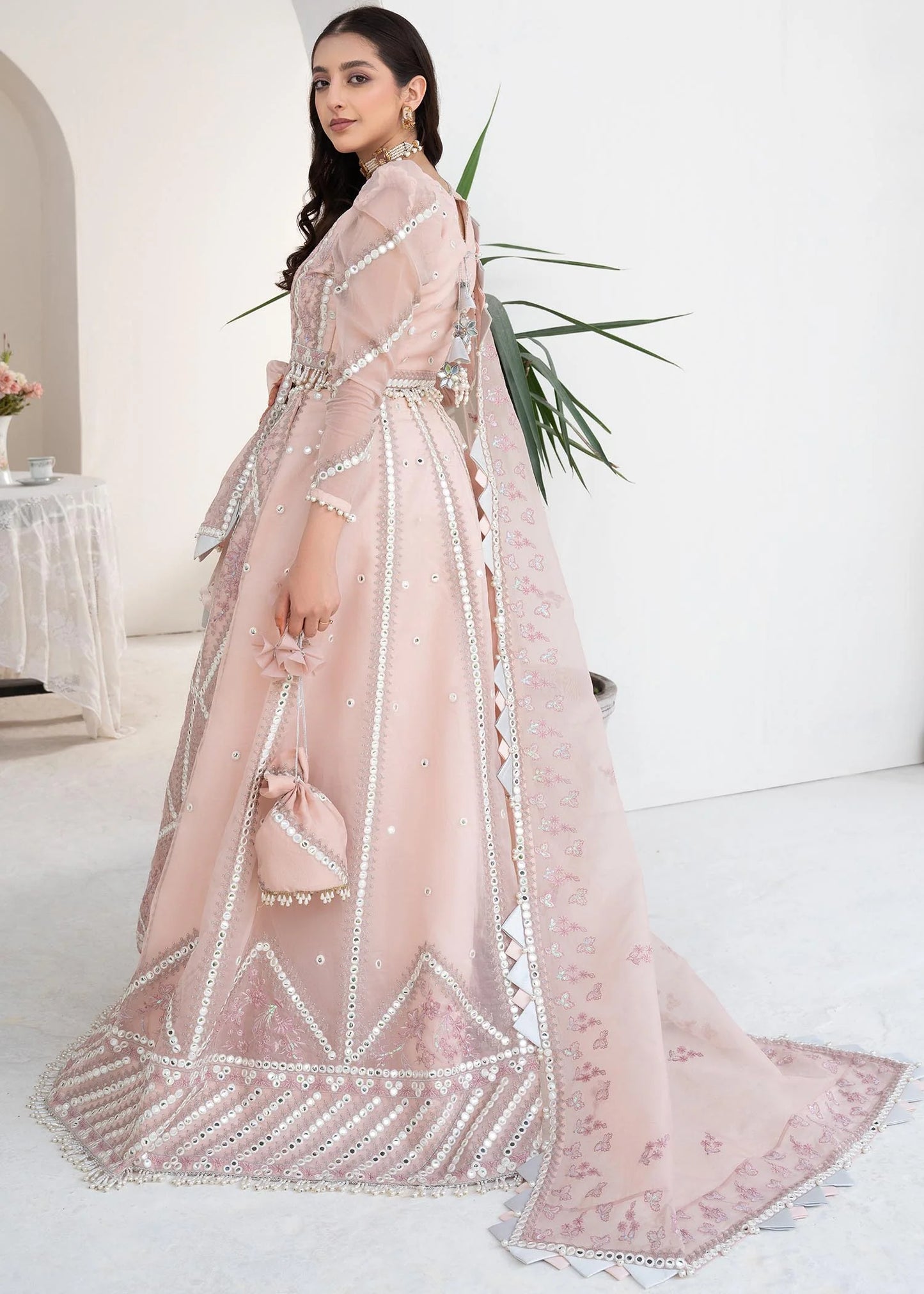 Pink Rosette | Embroidered Mirror Work Lehenga