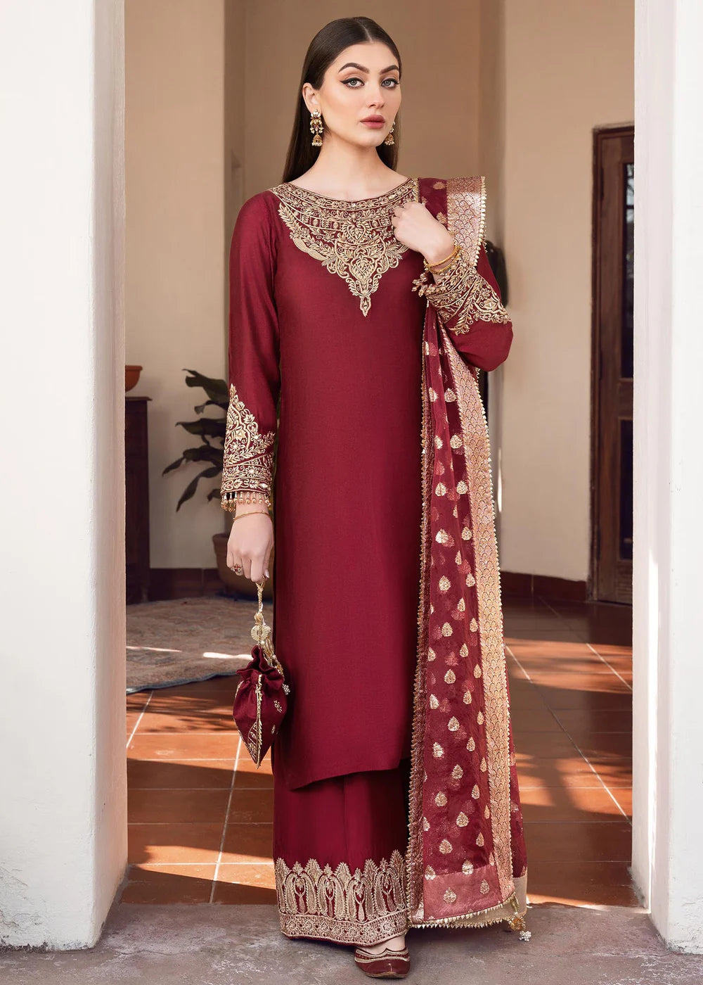 Shireen | Red Khaddi Silk Embroidered Suit