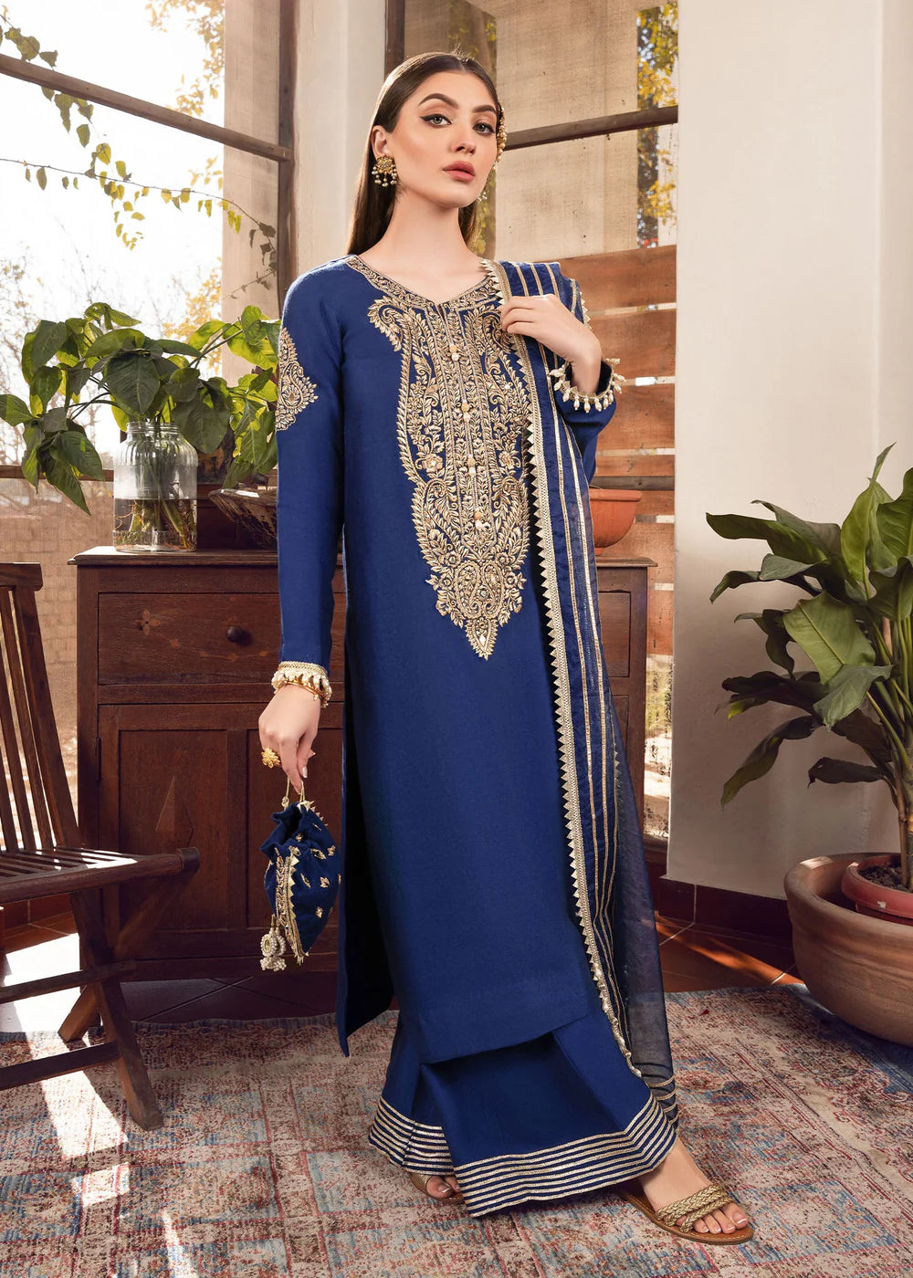 Sonia | Blue Khaddi Silk Embroidered Suit