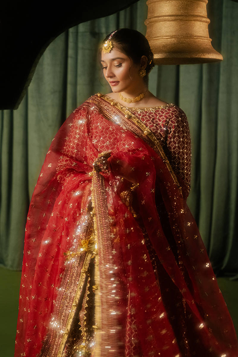 Mohsin Naveed Ranjha | Maroon Indian Silk Embellished Lehenga