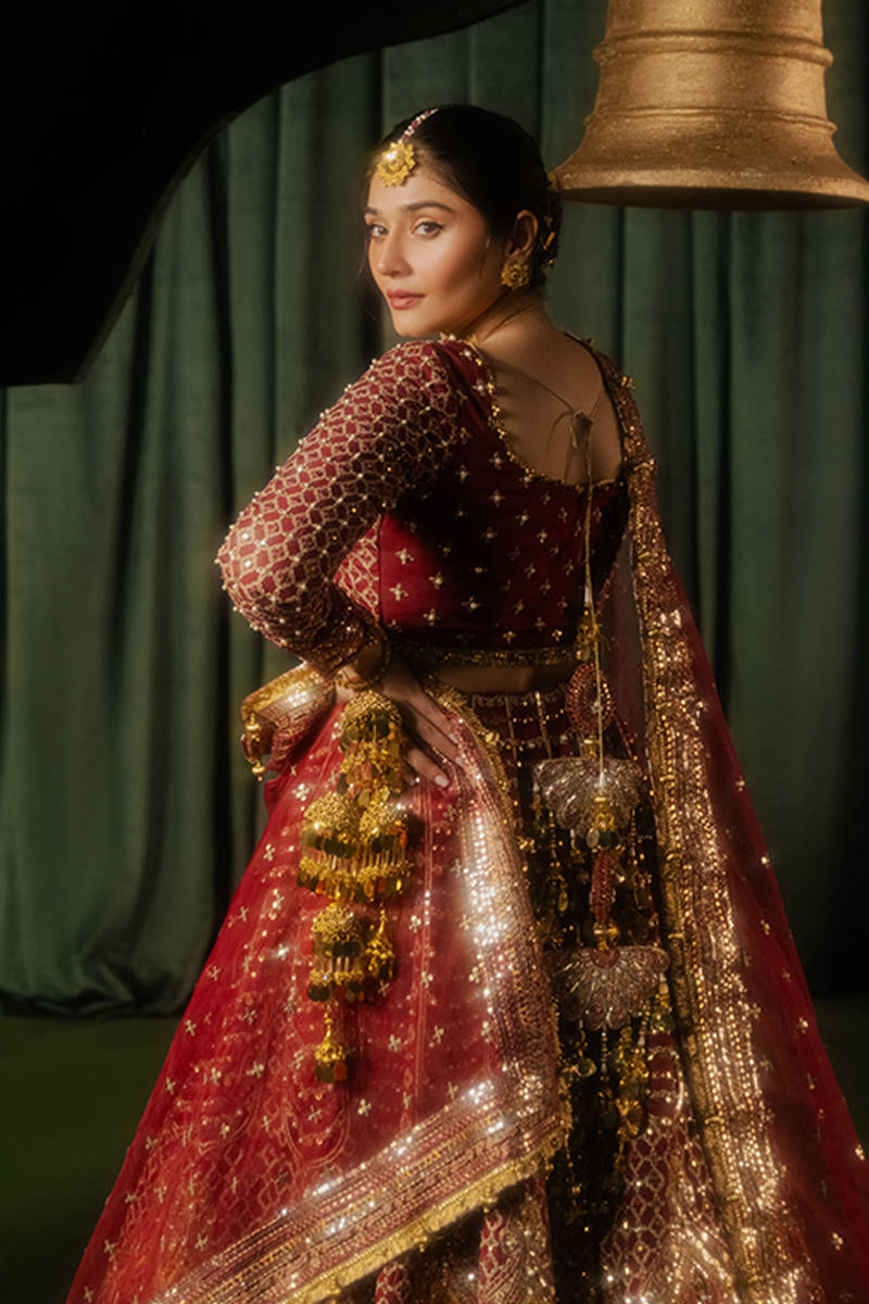 Mohsin Naveed Ranjha | Maroon Indian Silk Embellished Lehenga