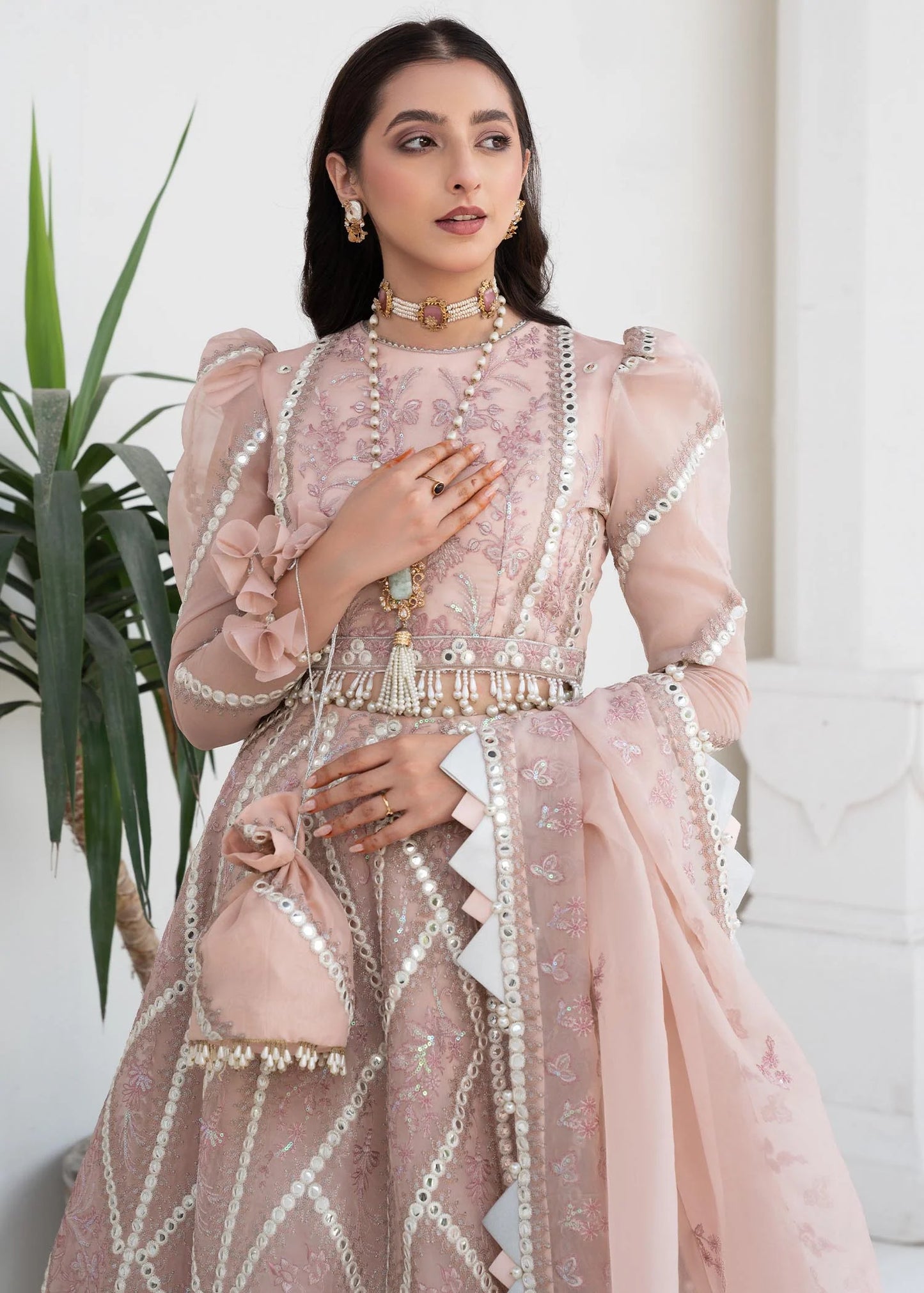 Pink Rosette | Embroidered Mirror Work Lehenga