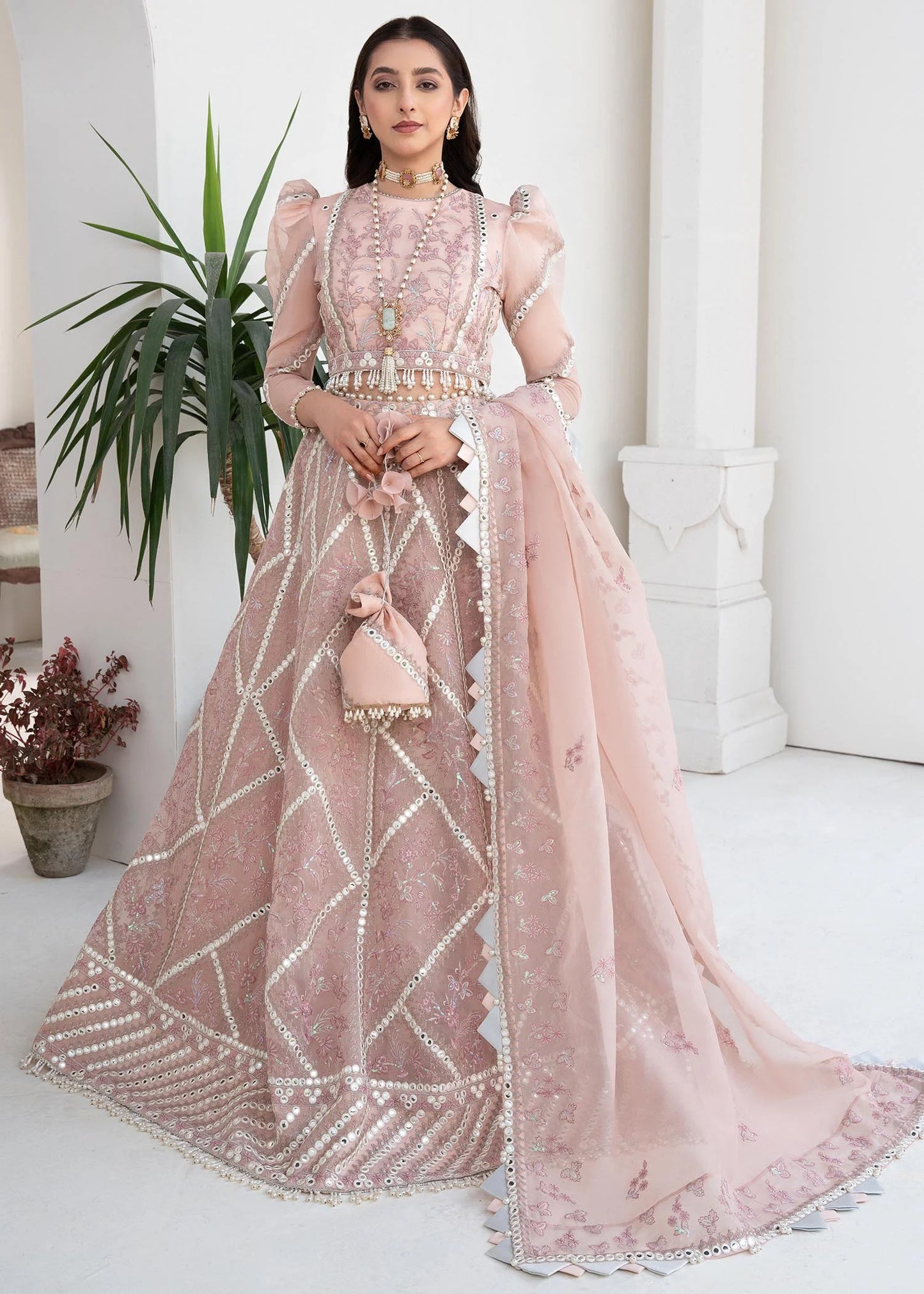Pink Rosette | Embroidered Mirror Work Lehenga